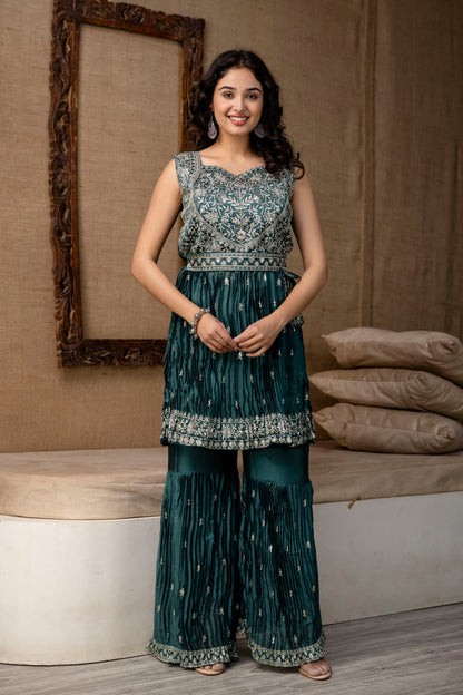 Embellished Sequined & Jari Kurti with Jari Detailed Sharara & Solid Dupatta
