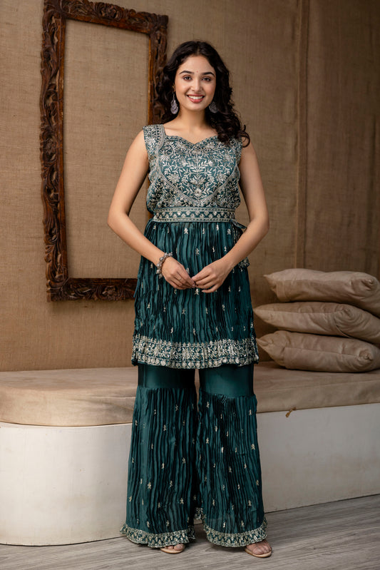 Embellished Sequined & Jari Kurti with Jari Detailed Sharara & Solid Dupatta
