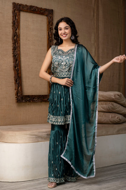 Embellished Sequined & Jari Kurti with Jari Detailed Sharara & Solid Dupatta