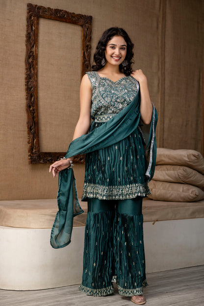 Embellished Sequined & Jari Kurti with Jari Detailed Sharara & Solid Dupatta