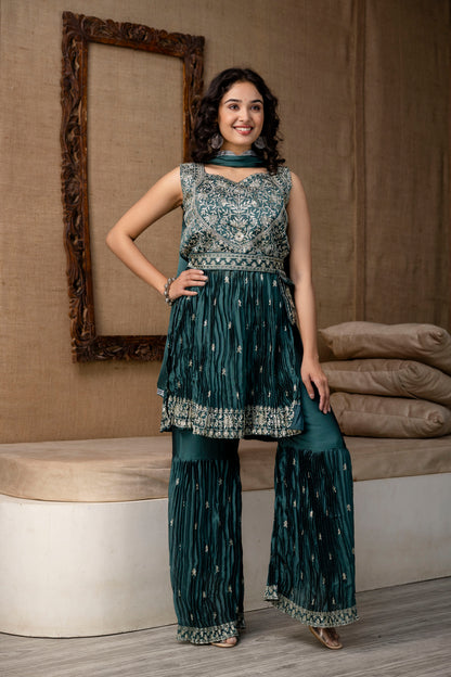 Embellished Sequined & Jari Kurti with Jari Detailed Sharara & Solid Dupatta