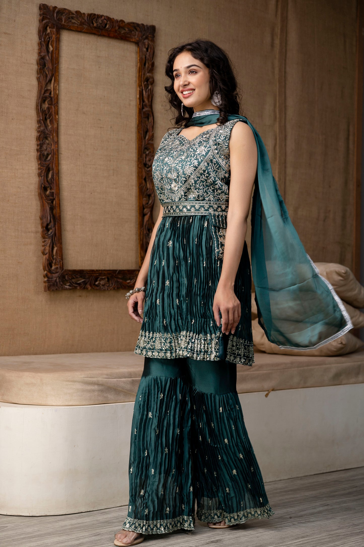 Embellished Sequined & Jari Kurti with Jari Detailed Sharara & Solid Dupatta