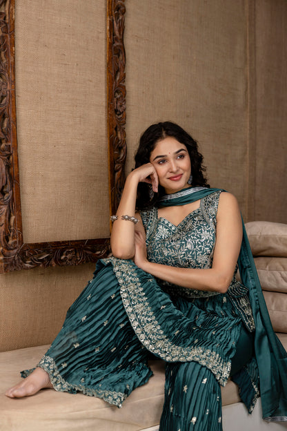 Embellished Sequined & Jari Kurti with Jari Detailed Sharara & Solid Dupatta