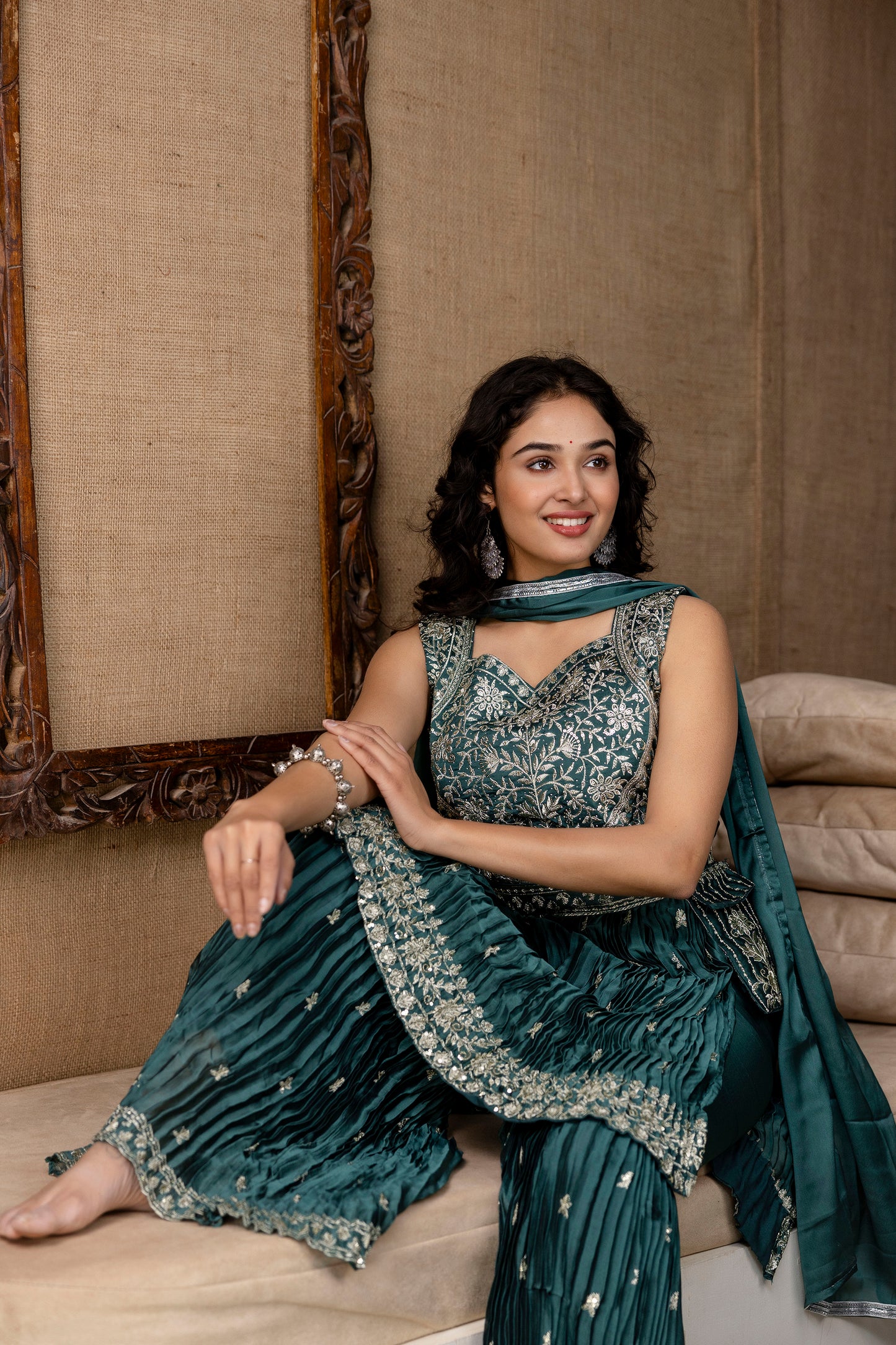 Embellished Sequined & Jari Kurti with Jari Detailed Sharara & Solid Dupatta