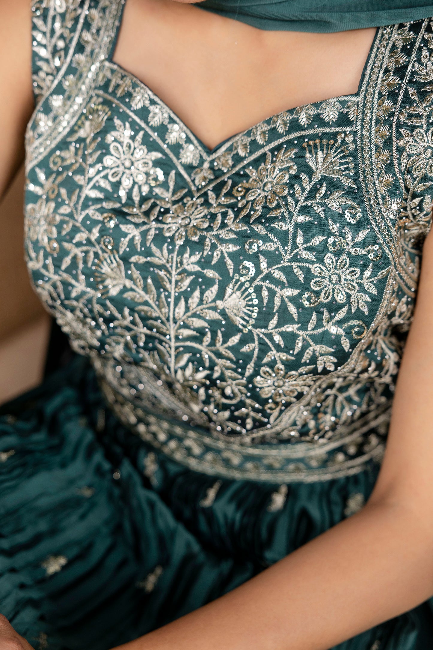 Embellished Sequined & Jari Kurti with Jari Detailed Sharara & Solid Dupatta