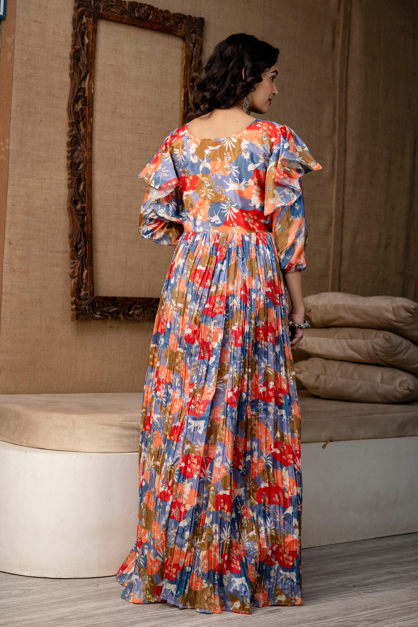 Multicolour Chinnon Printed Handworked Gown with Belt