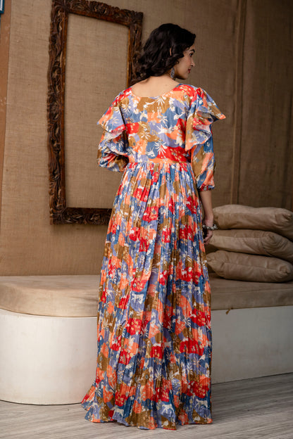 Multicolour Chinnon Printed Handworked Gown with Belt
