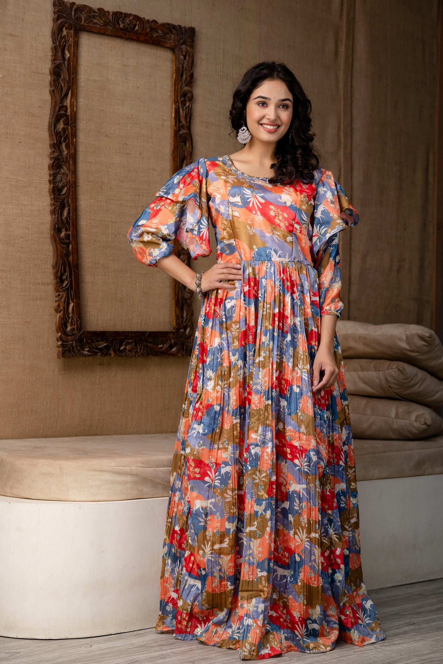 Multicolour Chinnon Printed Handworked Gown with Belt