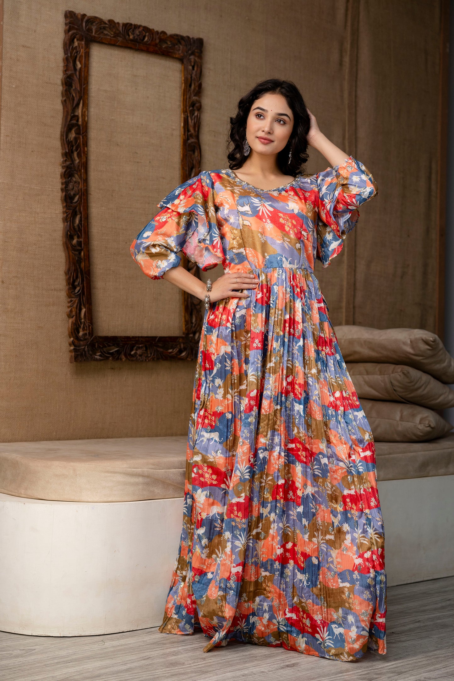 Multicolour Chinnon Printed Handworked Gown with Belt