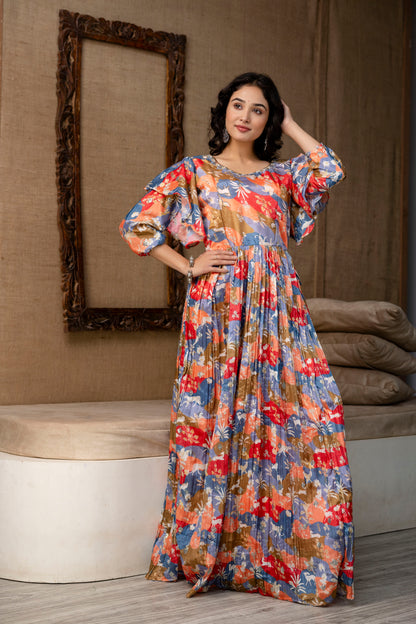 Multicolour Chinnon Printed Handworked Gown with Belt