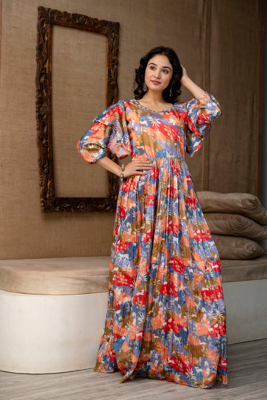 Multicolour Chinnon Printed Handworked Gown with Belt