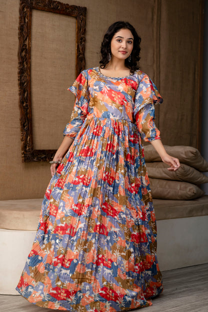 Multicolour Chinnon Printed Handworked Gown with Belt