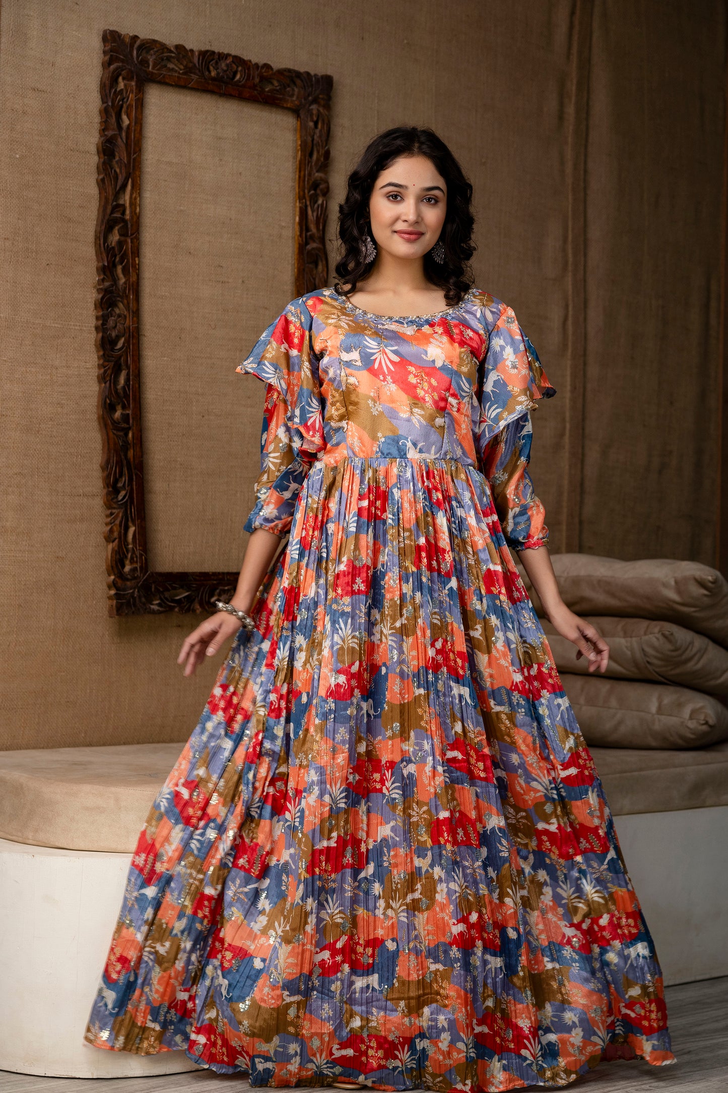 Multicolour Chinnon Printed Handworked Gown with Belt