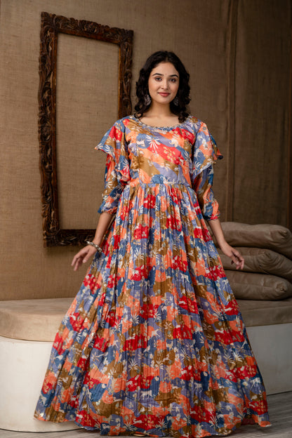 Multicolour Chinnon Printed Handworked Gown with Belt