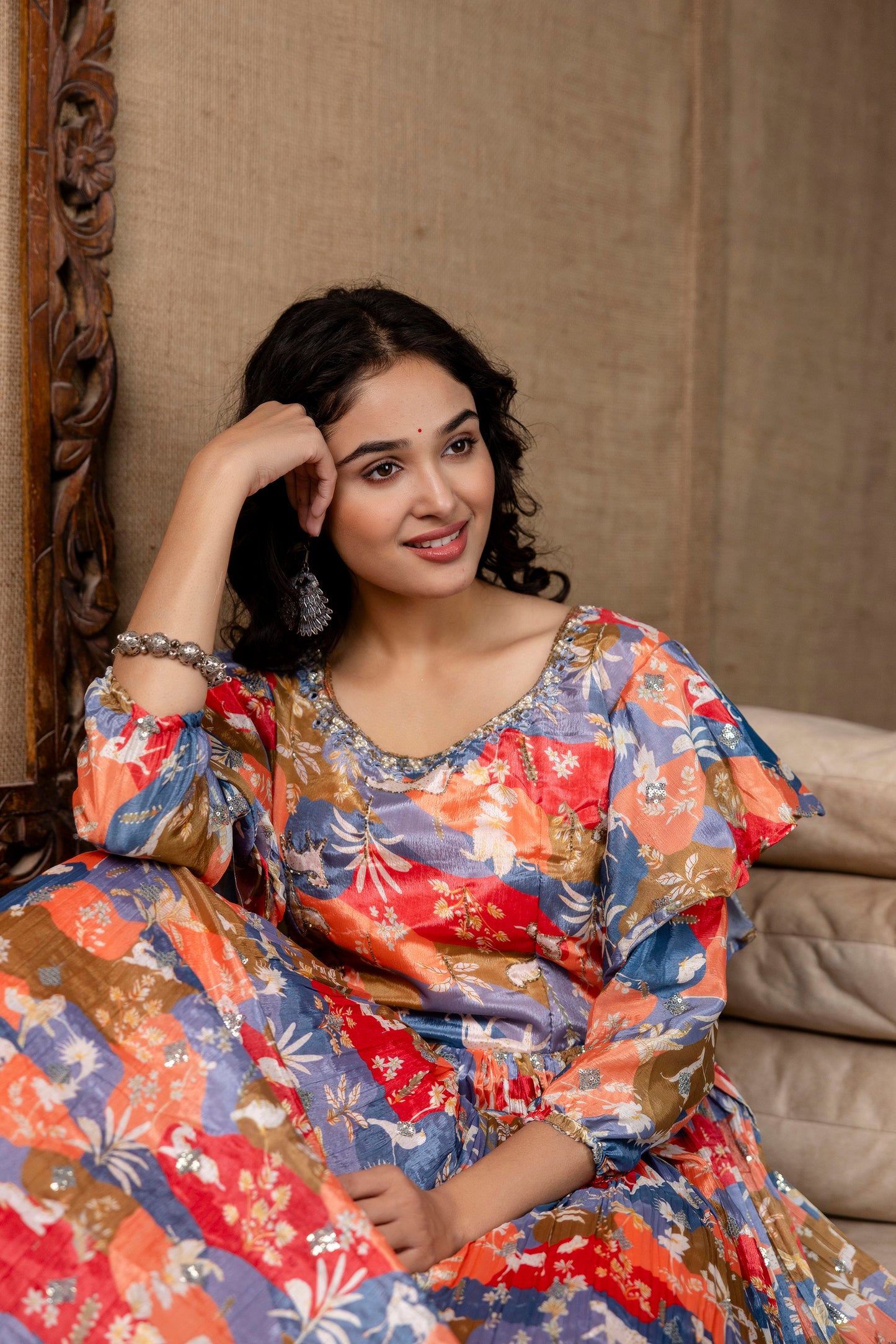 Multicolour Chinnon Printed Handworked Gown with Belt