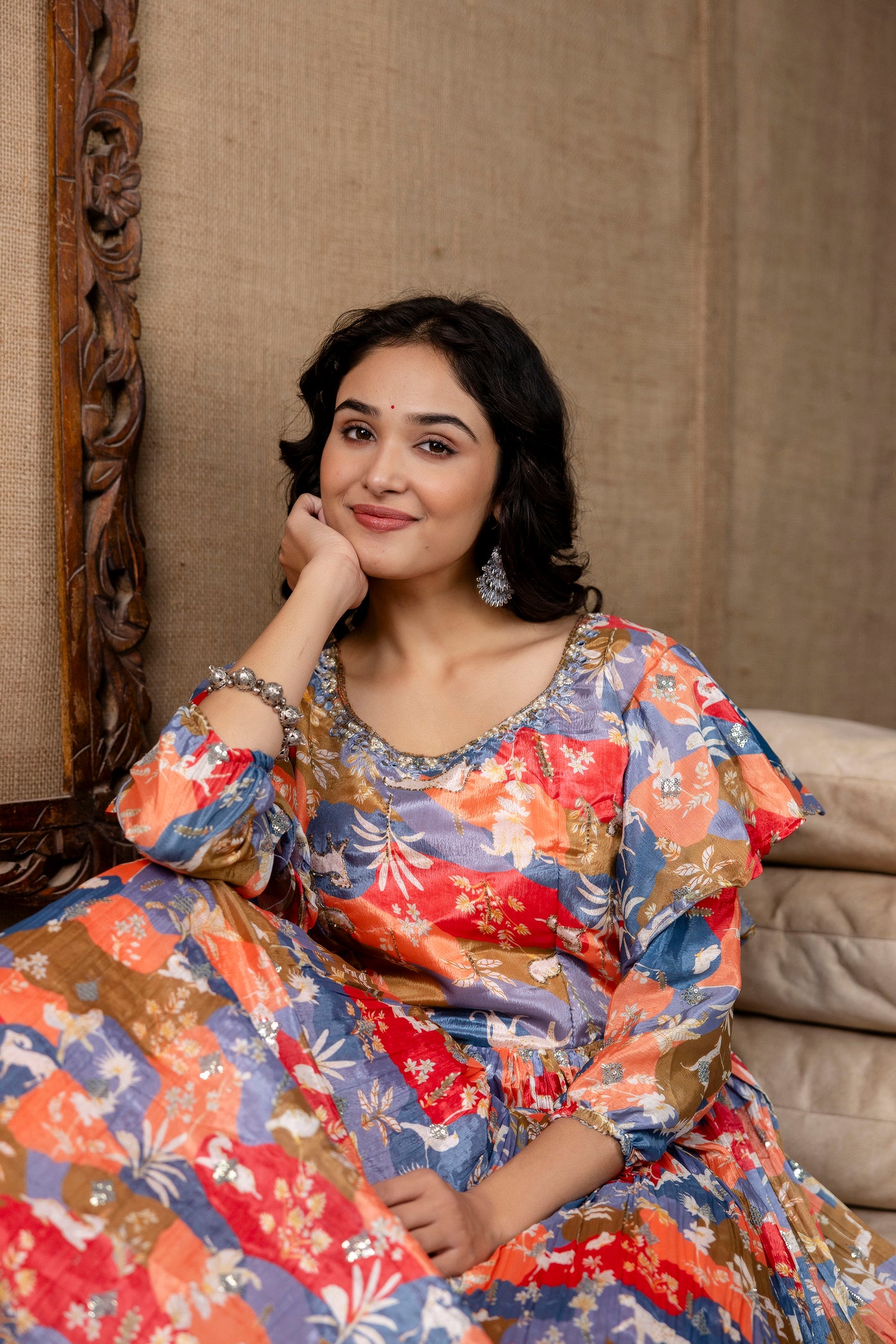 Multicolour Chinnon Printed Handworked Gown with Belt