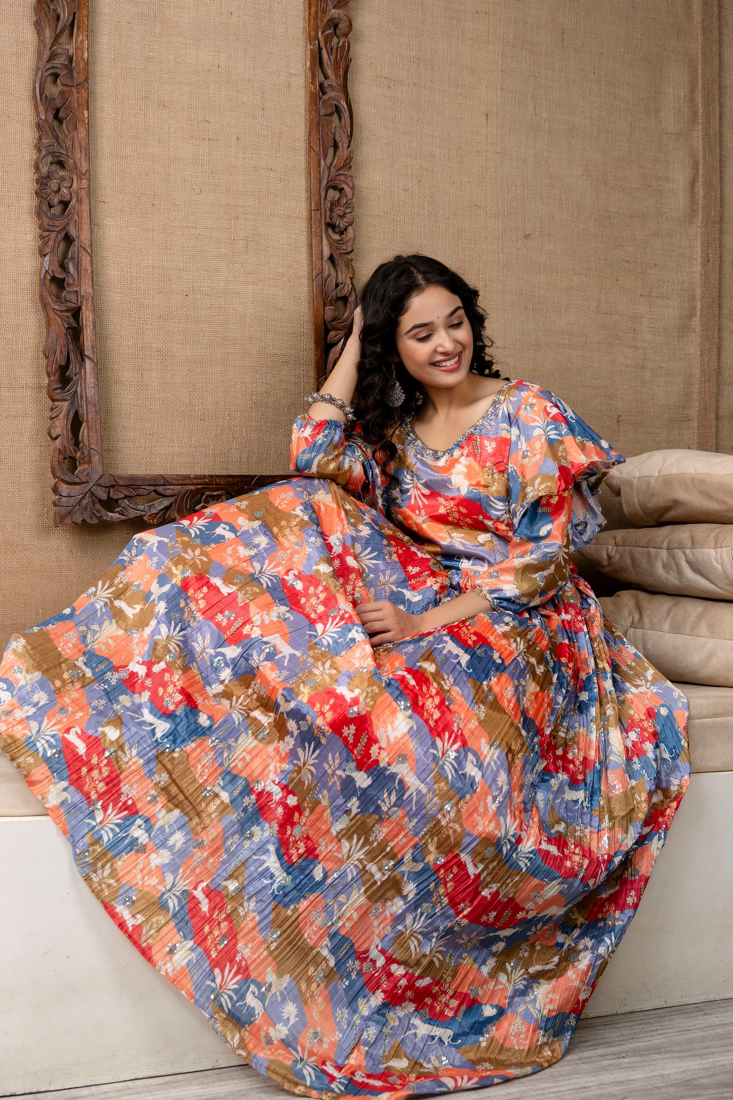 Multicolour Chinnon Printed Handworked Gown with Belt