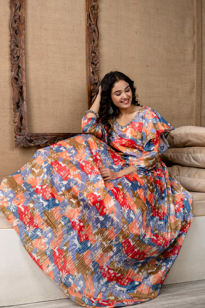 Multicolour Chinnon Printed Handworked Gown with Belt