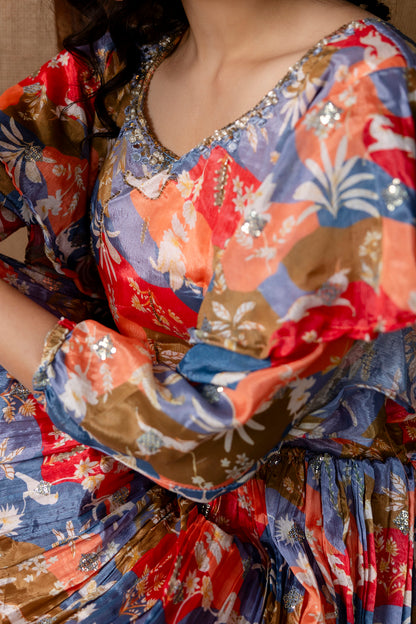 Multicolour Chinnon Printed Handworked Gown with Belt