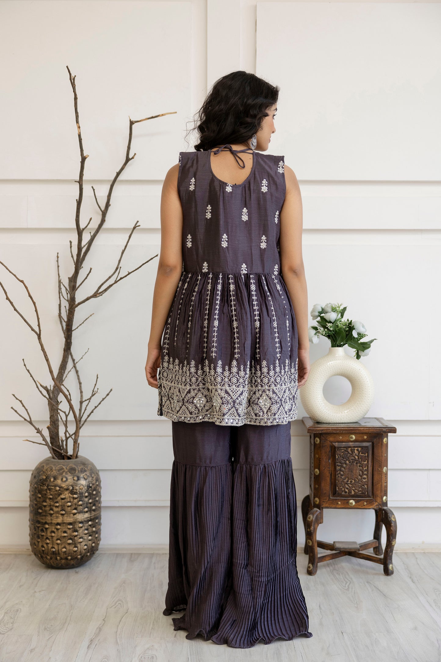 Kadhai Embroidered Kurti with Dori & Miner Detailing, Plain Sharara & Dupatta