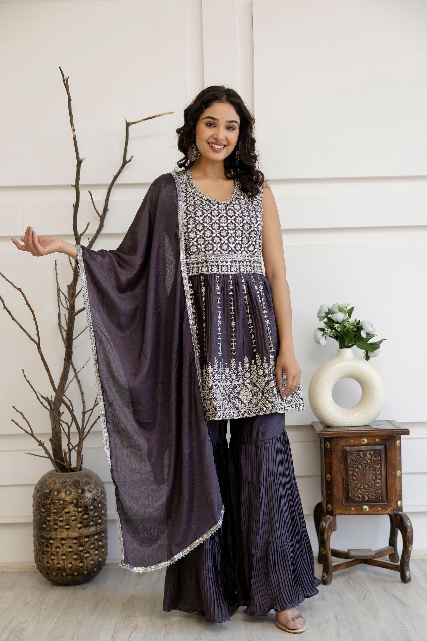 Kadhai Embroidered Kurti with Dori & Miner Detailing, Plain Sharara & Dupatta