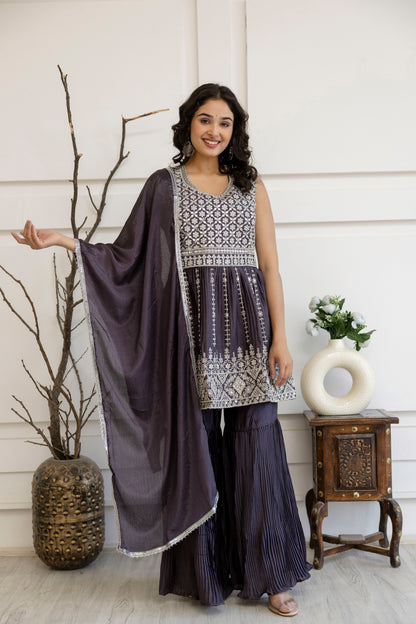 Kadhai Embroidered Kurti with Dori & Miner Detailing, Plain Sharara & Dupatta
