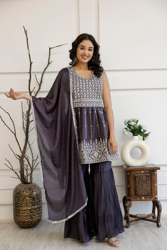 Kadhai Embroidered Kurti with Dori & Miner Detailing, Plain Sharara & Dupatta