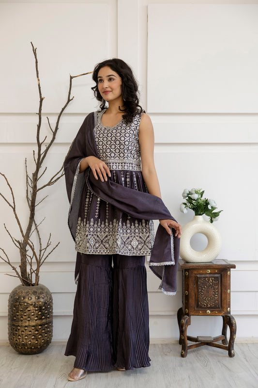 Kadhai Embroidered Kurti with Dori & Miner Detailing, Plain Sharara & Dupatta