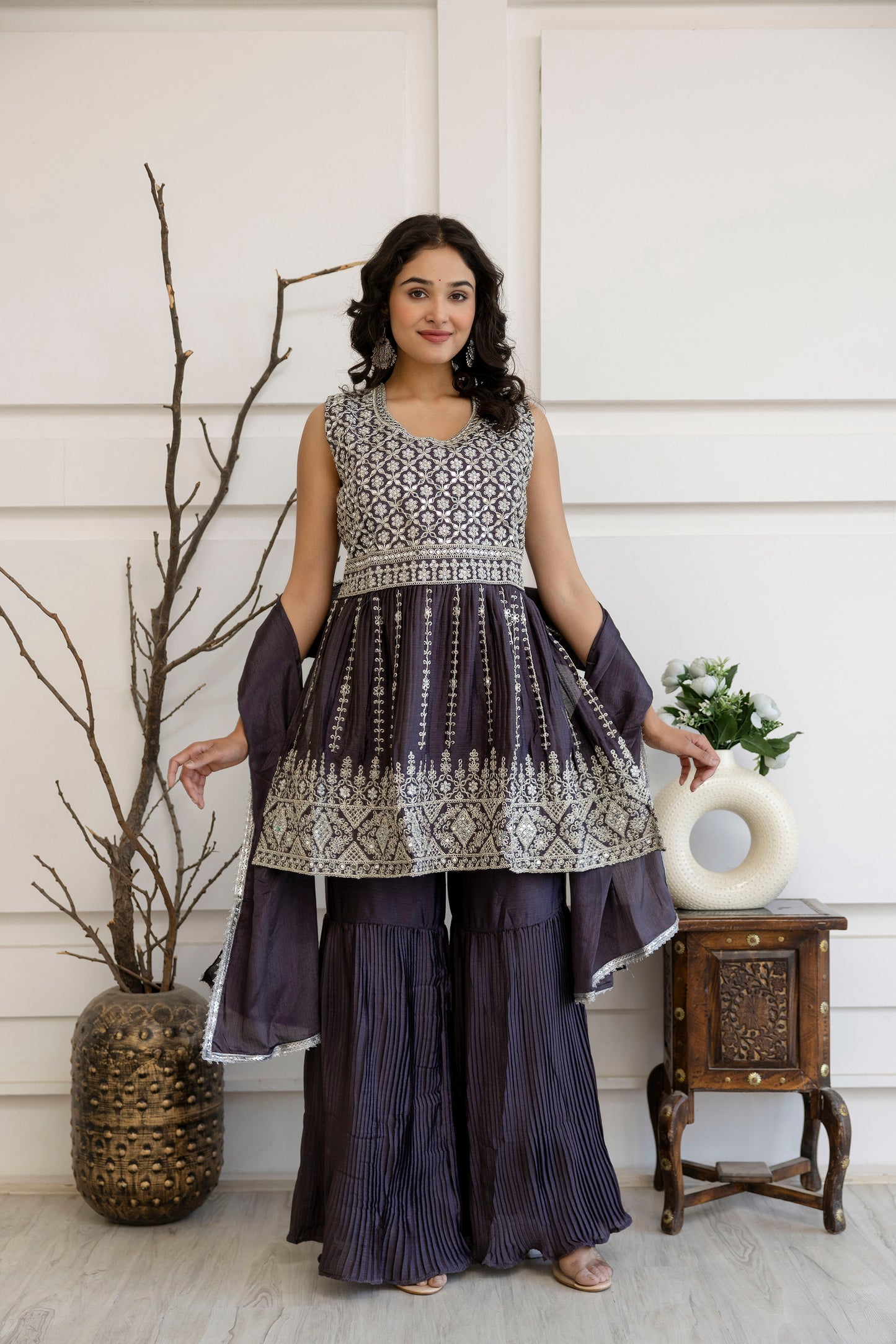 Kadhai Embroidered Kurti with Dori & Miner Detailing, Plain Sharara & Dupatta