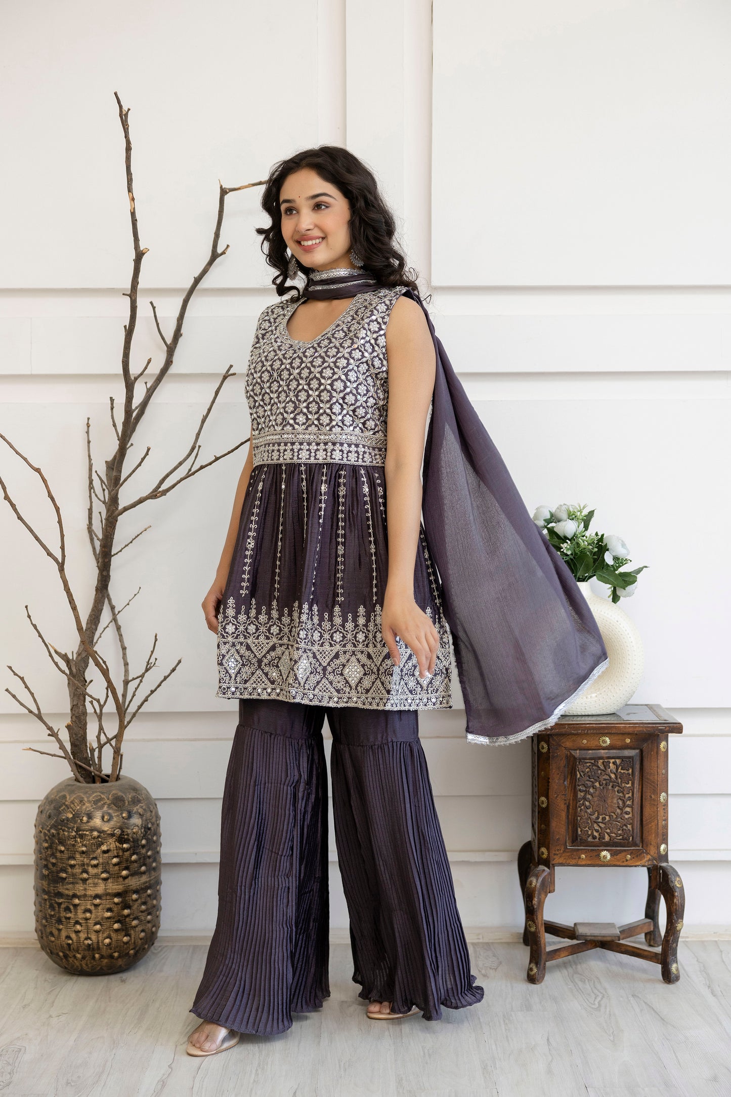 Kadhai Embroidered Kurti with Dori & Miner Detailing, Plain Sharara & Dupatta