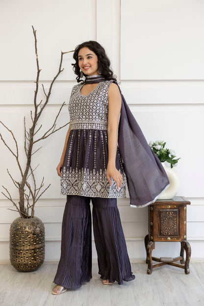 Kadhai Embroidered Kurti with Dori & Miner Detailing, Plain Sharara & Dupatta