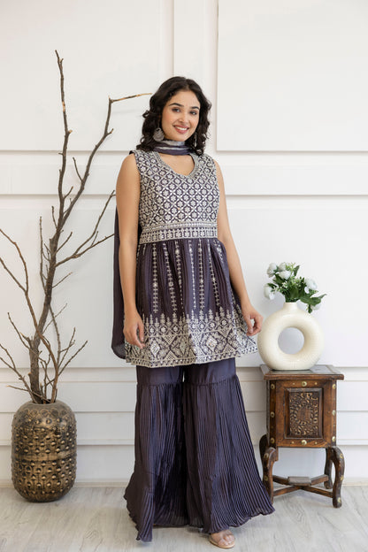 Kadhai Embroidered Kurti with Dori & Miner Detailing, Plain Sharara & Dupatta