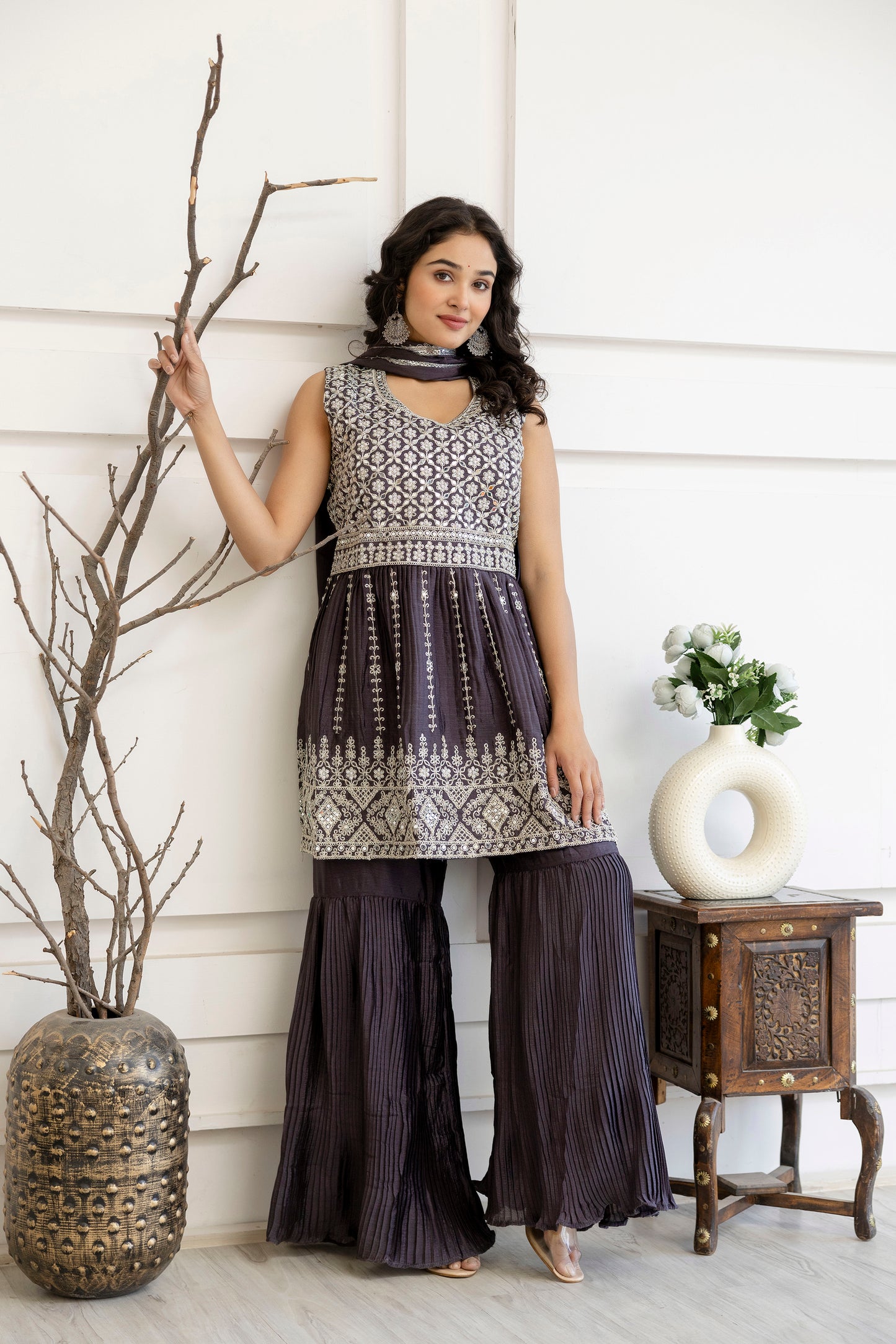 Kadhai Embroidered Kurti with Dori & Miner Detailing, Plain Sharara & Dupatta