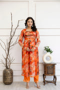 "Printed Frock Set with Pintex Work, Round Neck, Four-Side Worked Dupatta & Lace Border Pants"