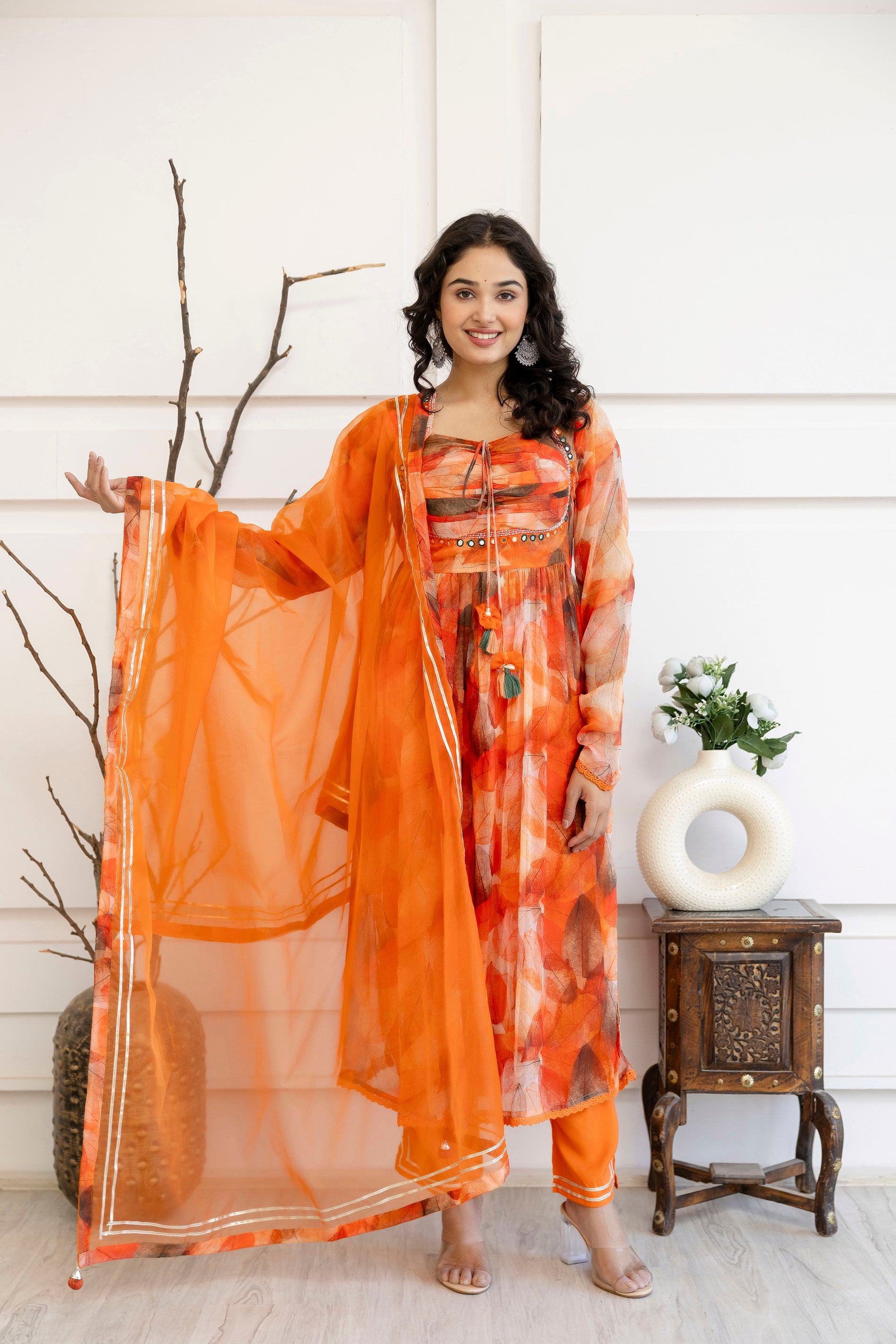 "Printed Frock Set with Pintex Work, Round Neck, Four-Side Worked Dupatta & Lace Border Pants"