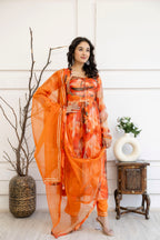 "Printed Frock Set with Pintex Work, Round Neck, Four-Side Worked Dupatta & Lace Border Pants"