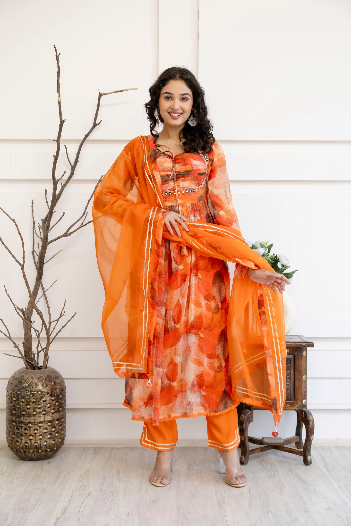 "Printed Frock Set with Pintex Work, Round Neck, Four-Side Worked Dupatta & Lace Border Pants"