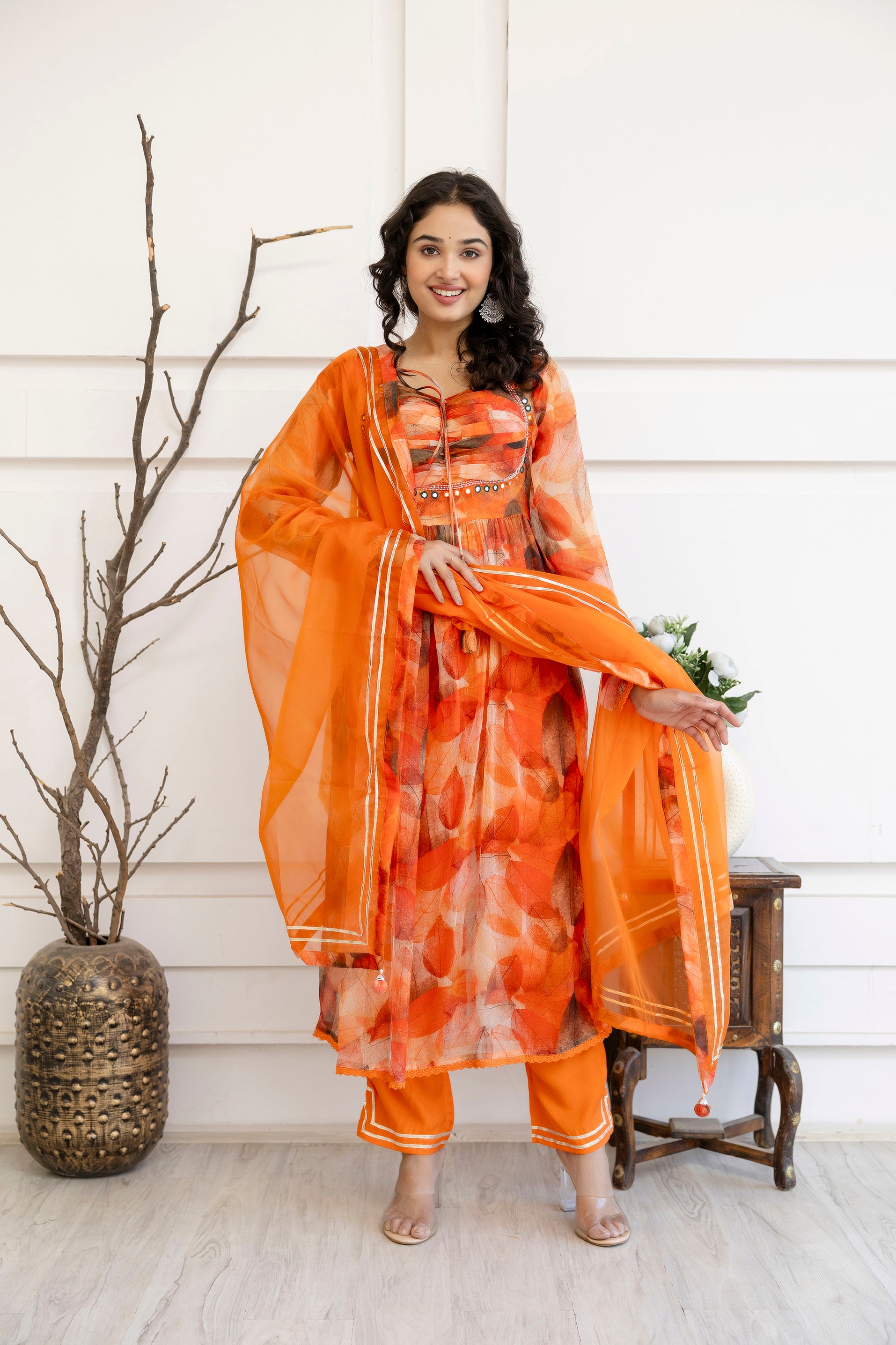 "Printed Frock Set with Pintex Work, Round Neck, Four-Side Worked Dupatta & Lace Border Pants"