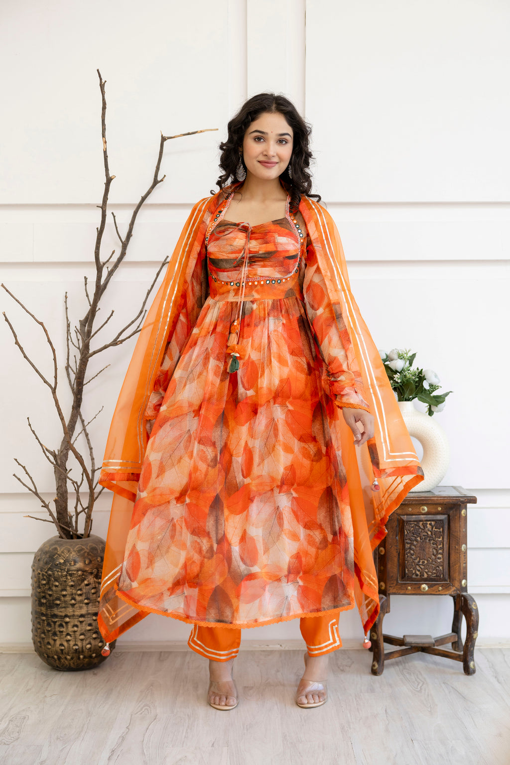 "Printed Frock Set with Pintex Work, Round Neck, Four-Side Worked Dupatta & Lace Border Pants"