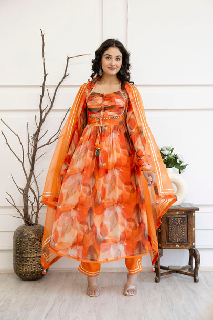 "Printed Frock Set with Pintex Work, Round Neck, Four-Side Worked Dupatta & Lace Border Pants"