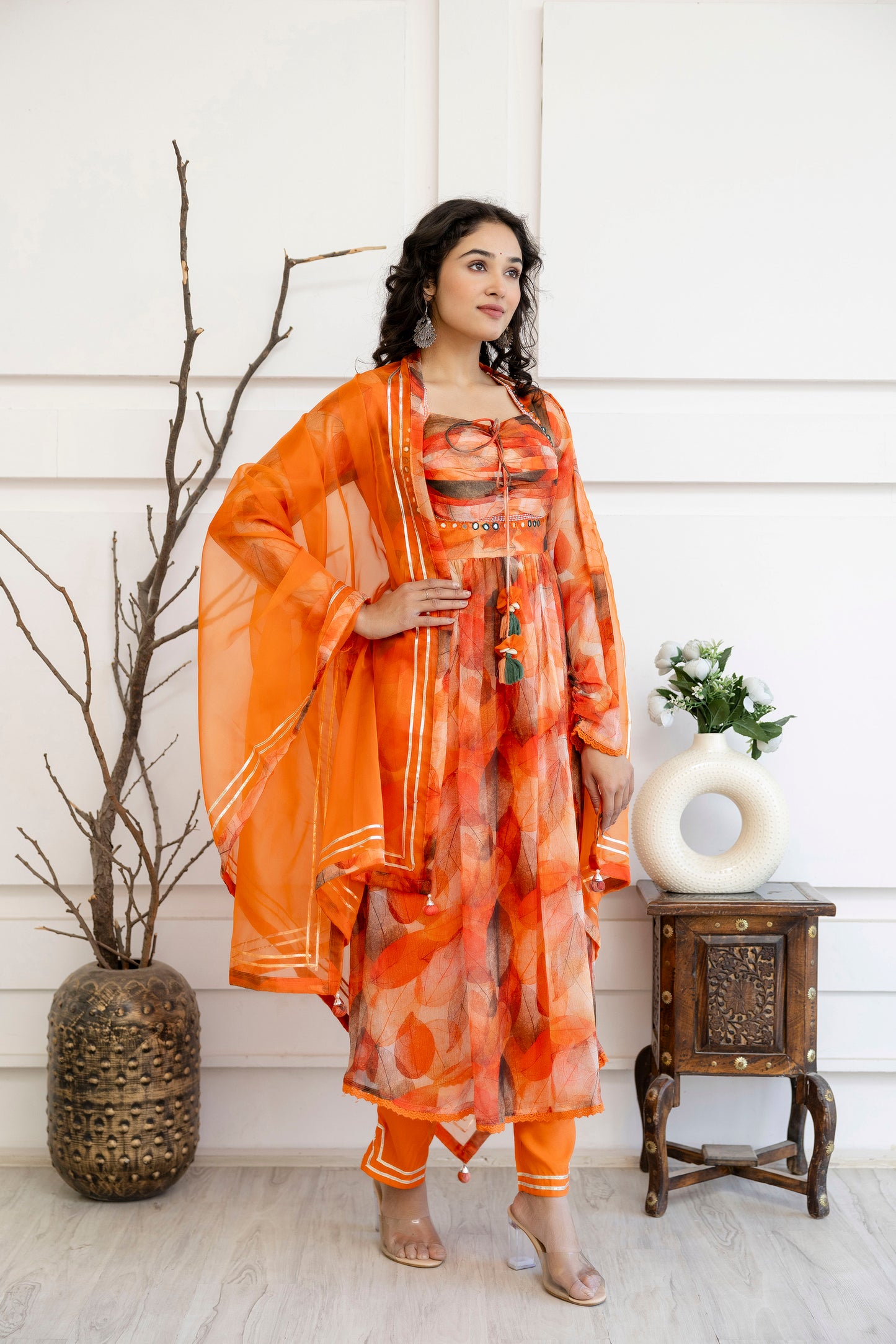 "Printed Frock Set with Pintex Work, Round Neck, Four-Side Worked Dupatta & Lace Border Pants"