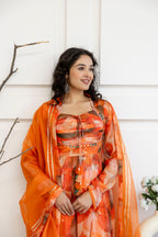 "Printed Frock Set with Pintex Work, Round Neck, Four-Side Worked Dupatta & Lace Border Pants"
