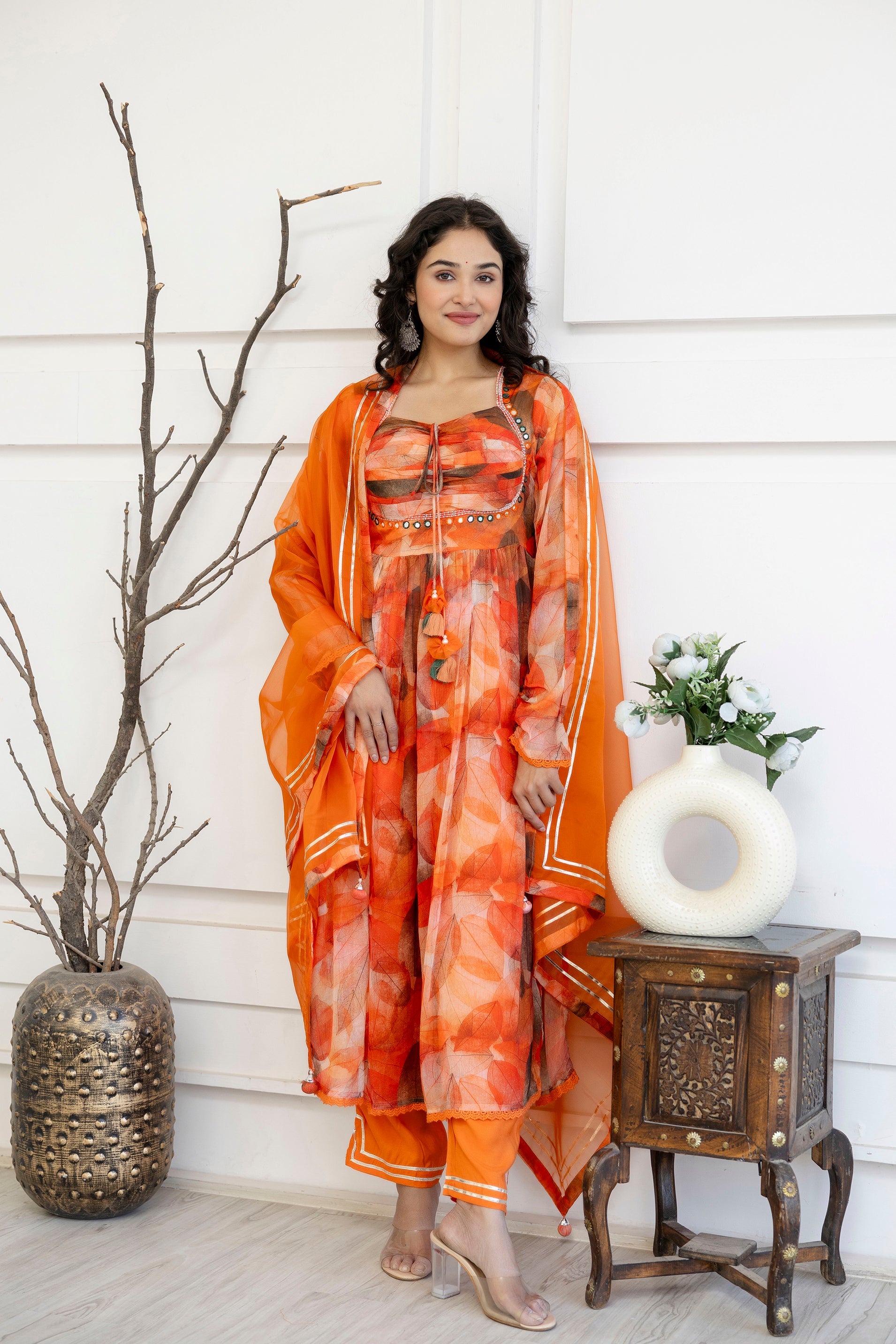 "Printed Frock Set with Pintex Work, Round Neck, Four-Side Worked Dupatta & Lace Border Pants"