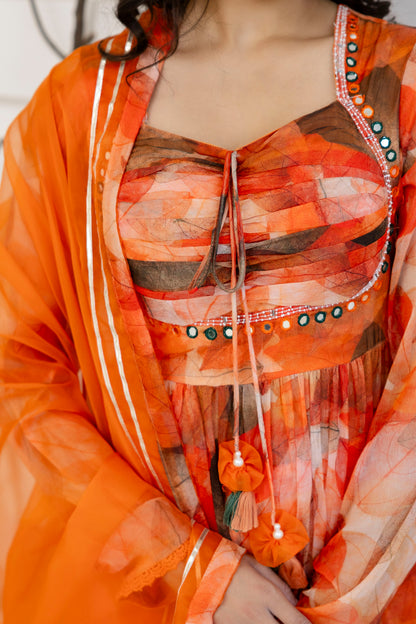 "Printed Frock Set with Pintex Work, Round Neck, Four-Side Worked Dupatta & Lace Border Pants"