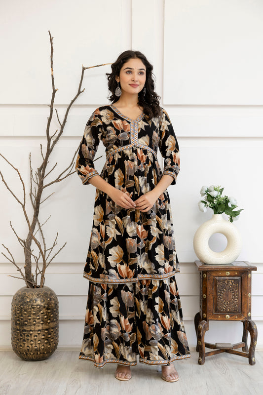 Artistic Printed Kurti with Kandana Embellished Sharara & Solid Dupatta