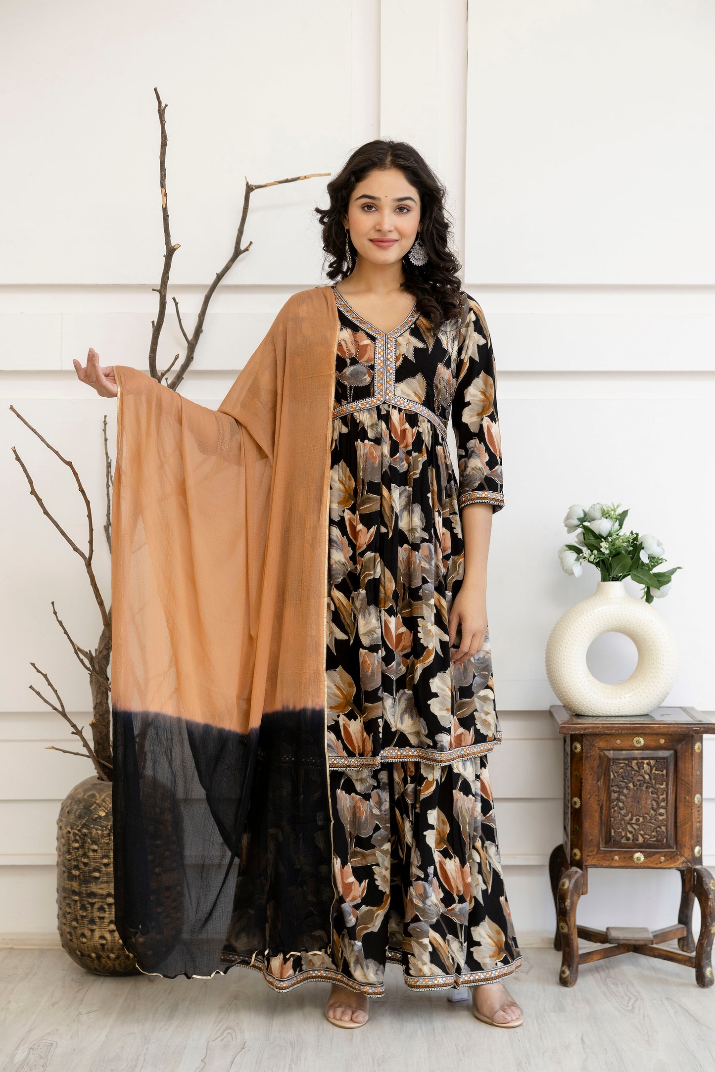 Artistic Printed Kurti with Kandana Embellished Sharara & Solid Dupatta