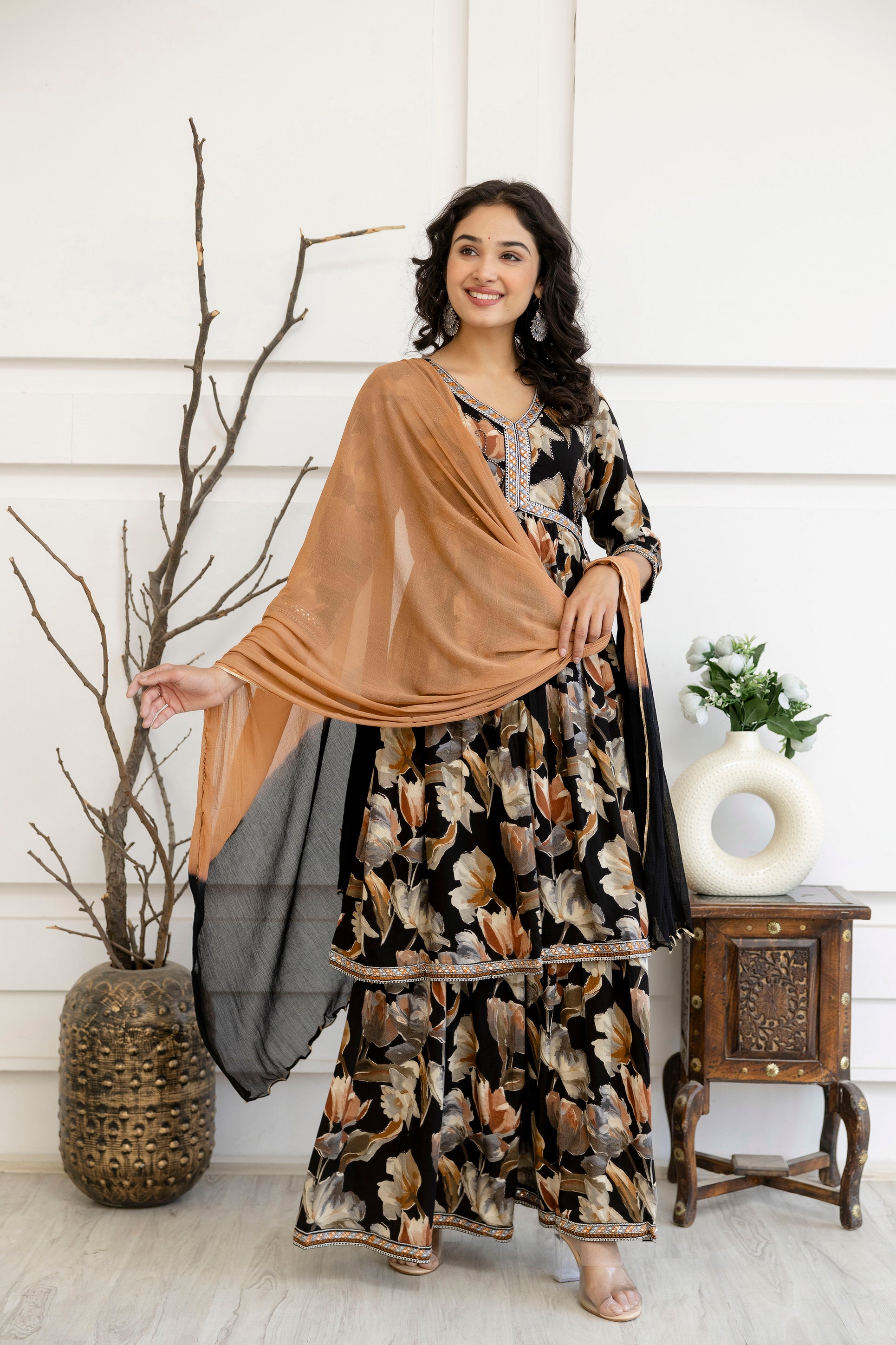 Artistic Printed Kurti with Kandana Embellished Sharara & Solid Dupatta