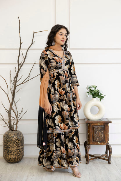 Artistic Printed Kurti with Kandana Embellished Sharara & Solid Dupatta
