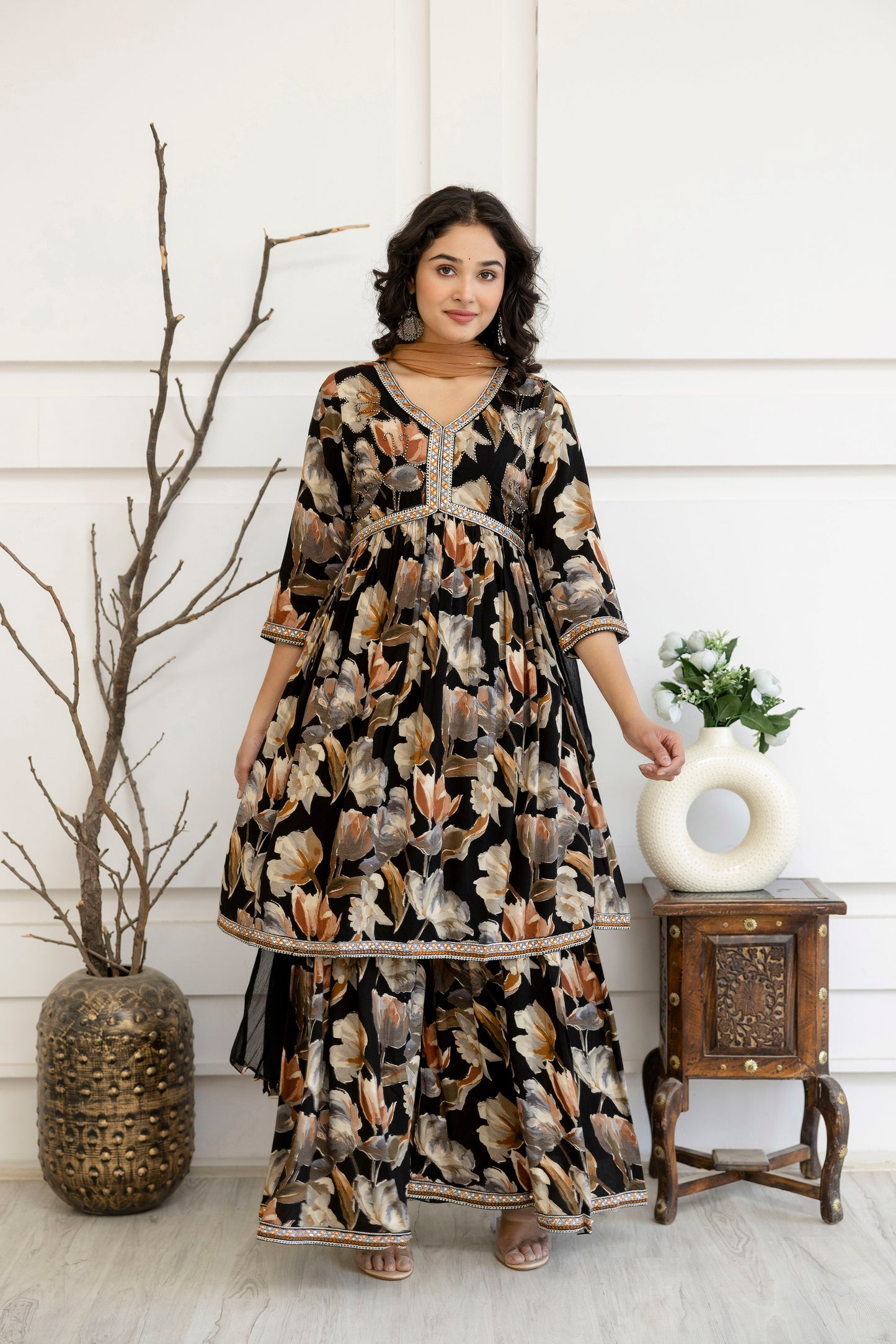 Artistic Printed Kurti with Kandana Embellished Sharara & Solid Dupatta