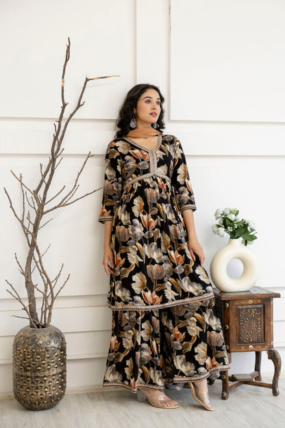 Artistic Printed Kurti with Kandana Embellished Sharara & Solid Dupatta